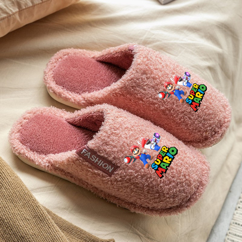 Super Mary Mario pink coffee cotton slippers home men's and women's cotton slippers indoor warm soft non-slip slippers