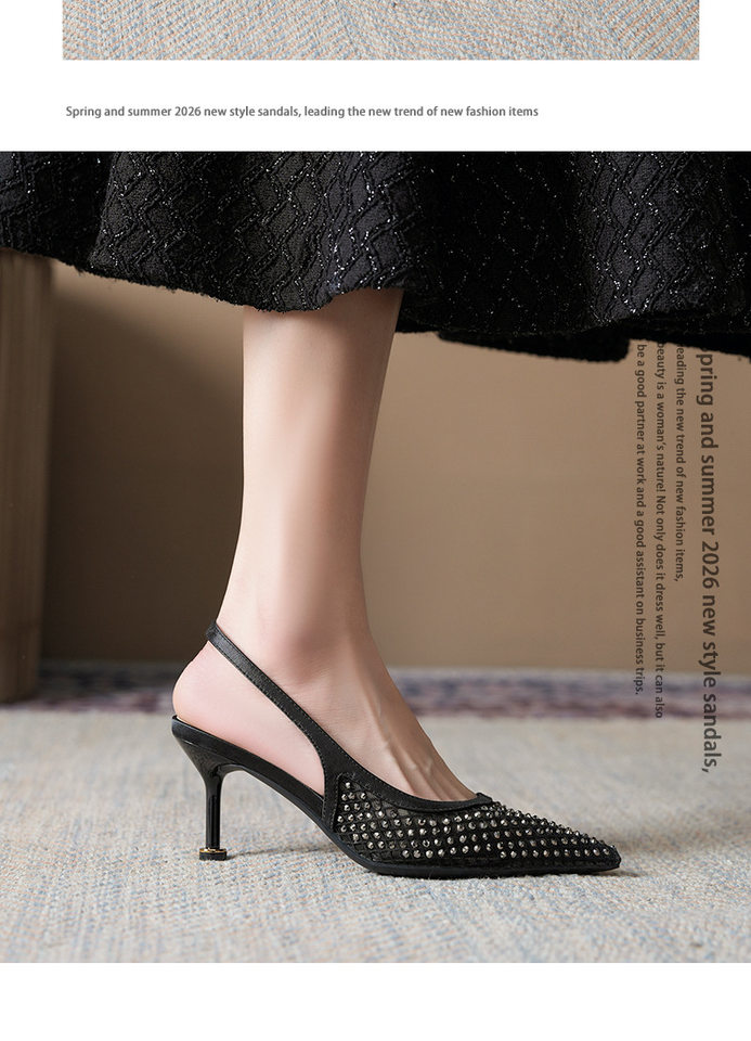 Sandal nữ bít mũi mũi nhọn gót mảnh 6–8 cm chất liệu lưới đính đá quai hậu — Màu be, màu đen chi tiết 10