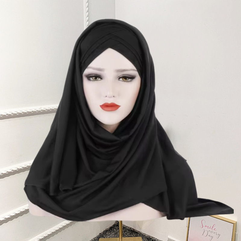 새로 출시된 3겹 크로스 브림 헤드스카프, 타이 랩 솔리드 컬러 머서리제이션 코튼 저지 롱 스카프 숄 베일