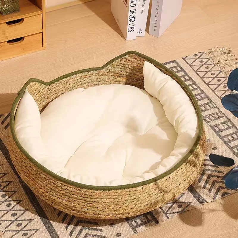 고양이 얼굴 육군 녹색 둥지 + 흰색 쿠션 + 베개