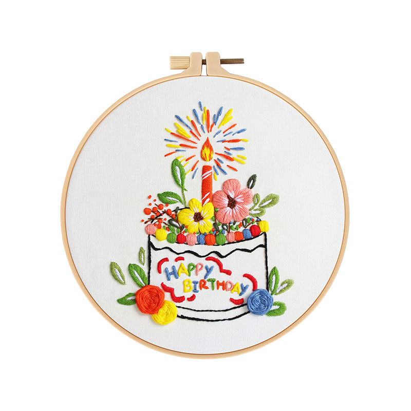 Nuevo original feliz cumpleaños bordado a mano material de bricolaje paquete pastel de cumpleaños vela fuegos artificiales deseo transfronterizo