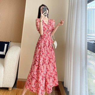 23076新款赫本风连衣裙女韩版拼接a字遮肚洋气小众收腰中长款裙子