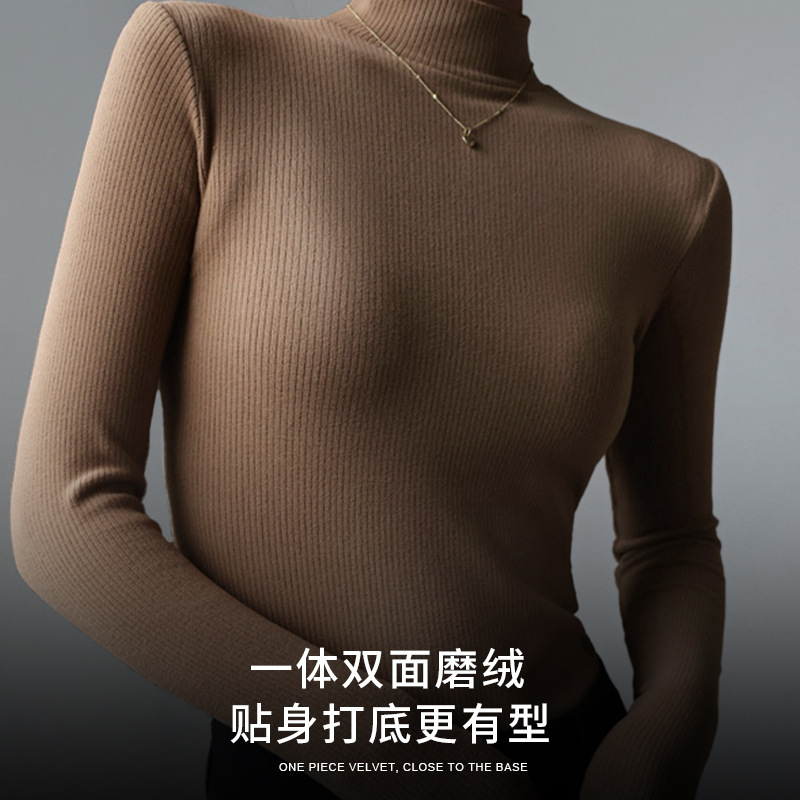 Camisa de fondo cepillada de doble cara para mujer 2023 nueva camiseta de manga larga con cuello alto elegante para mujer cálida Cintura interior ajustada