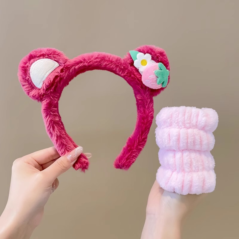 Lindo Rosa lavado de cara banda de pelo de las mujeres a prueba de humedad banda de muñeca banda de pelo absorbente de tres piezas conjunto máscara facial diadema especial