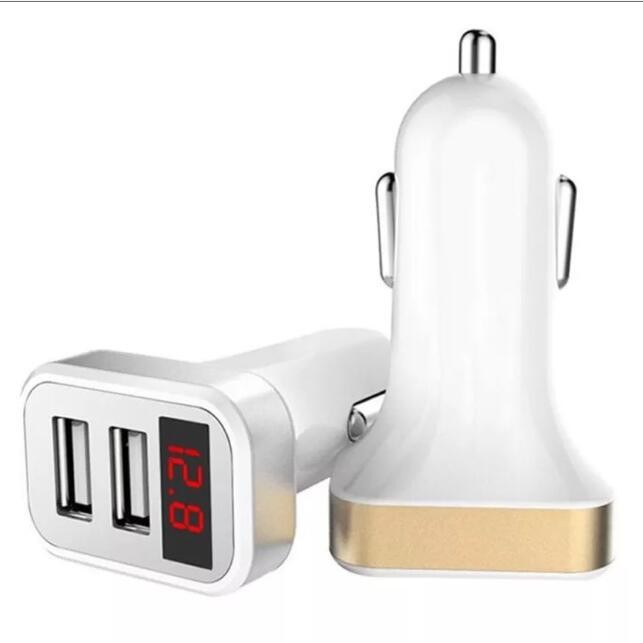 Digital display car charger with led display car charger one drag two cigarette lighter metal double U Car Charger smart charger