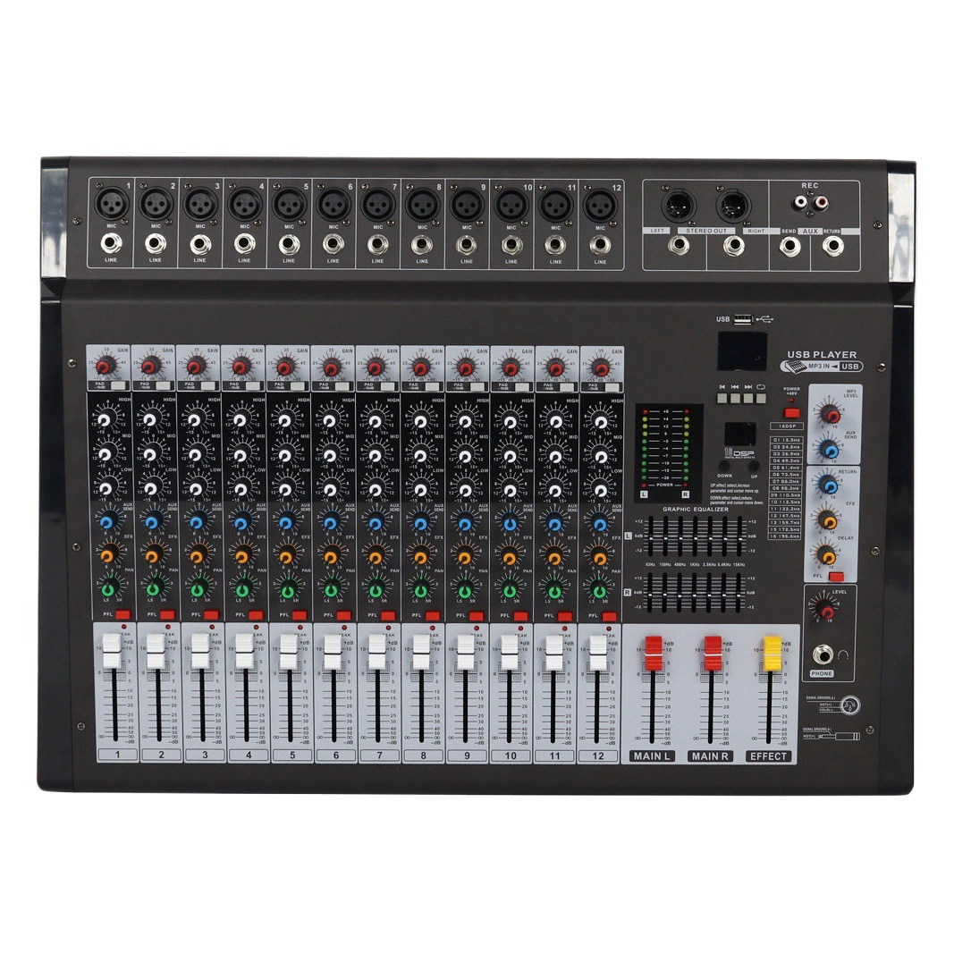 6-канальный, 8-канальный, 12-канальный профессиональный микшер с усилителем, универсальная микшерская консоль для сцены и свадеб, Bluetooth, USB, процессор эффектов