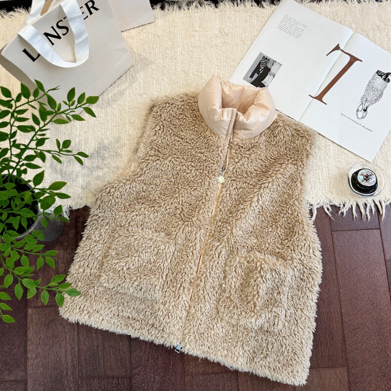 In Stock/Stay-At-Home Girl Stand-Up Collar Teddy Fleece Patchwork down Vest Jacket for Women