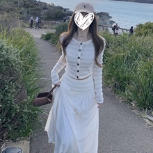 2025新款韩系高级感穿搭一整套白色连衣裙子女秋冬季掐腰套装长裙