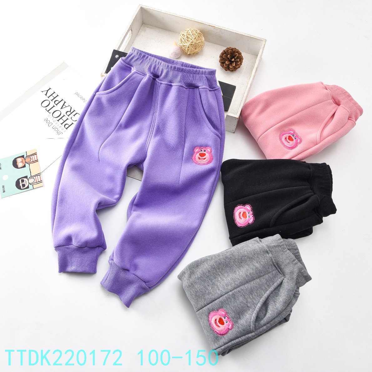 Adidas girl Chinese child trousers Plush trousers Casual pants Pink Korean Edition Cartoon grey Leggings