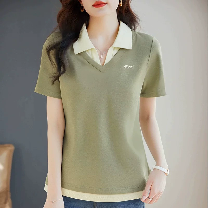Женская футболка с короткими рукавами и лацканами, новые летние женские топы большого размера из двух частей, свободные женские универсальные рубашки-поло