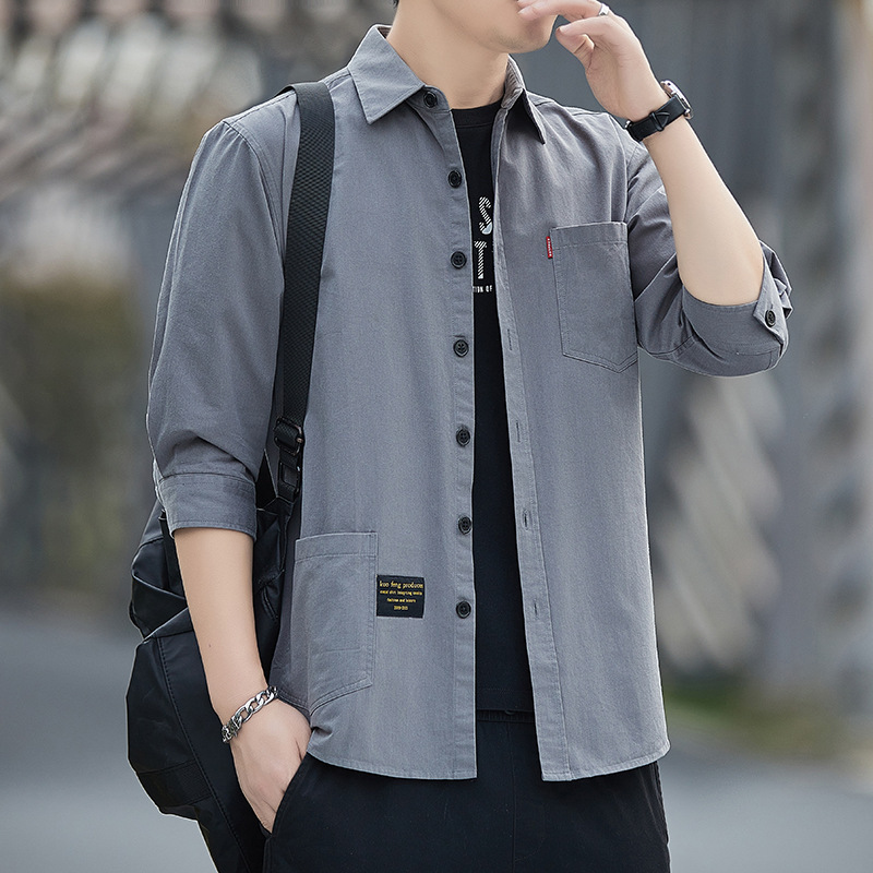 Primavera estilo Hong Kong camisa de trabajo de color sólido manga tres cuartos para hombre chaqueta hermosa camisa casual de moda