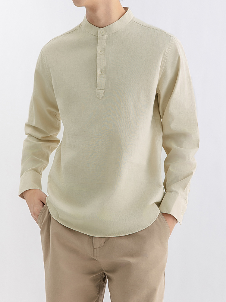 Nuevo estilo chino de hombre Waffle Henry camisa de cuello hombre sensación de alto cuello casual camisa de hombre de manga larga camiseta