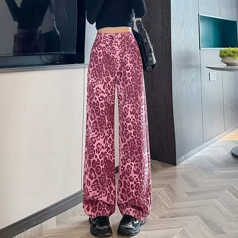 Розовые широкие джинсы с леопардовым принтом для женщин, лето 2025, модные прямые брюки в пол с высокой талией в американском стиле High Street
