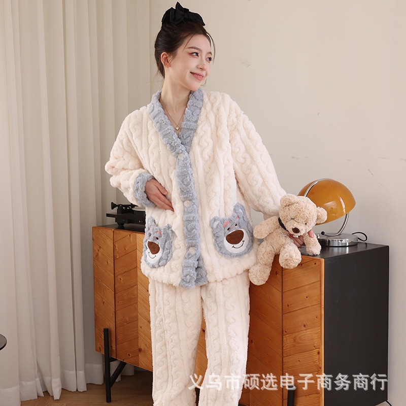 Traje de melocotón herméto pijama de lana de coral Xiaoxiangfeng nuevo estilo engrosado red térmica ropa de hogar con infrarrojos Xiaofeng