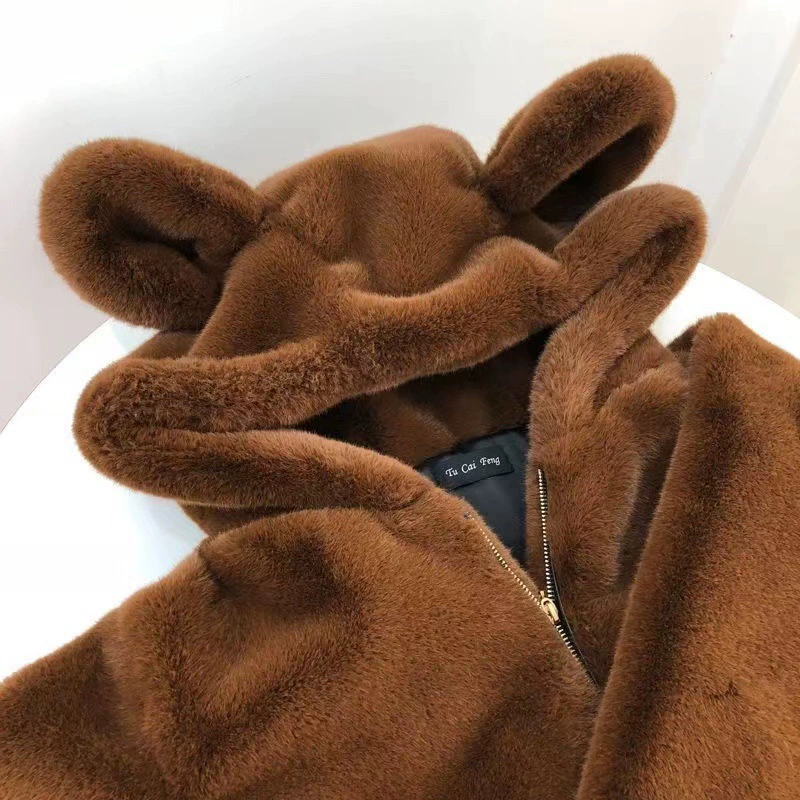Velvet hooded mid‑length jacket, cute bear ears, thickened winter hoody