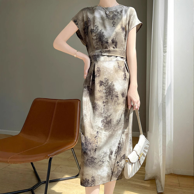 Silk dress Women's 2024 New Silky Acetate Satin National Style Ink Painting Skirt Long High-end Spring and Summer
