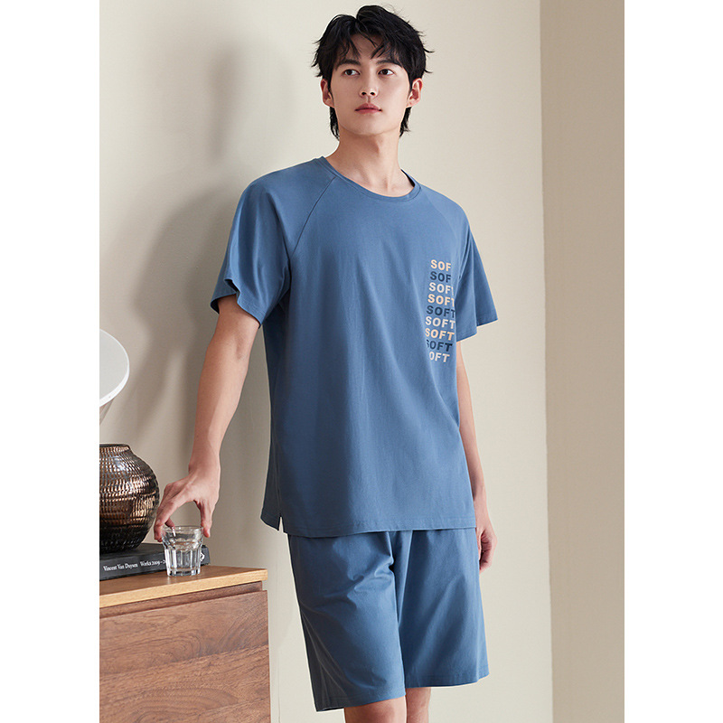 Summer Men's Pullover Crewneck Short-sleeved Shorts Single-sided Pure Cotton Simple Two-piece Pajamas