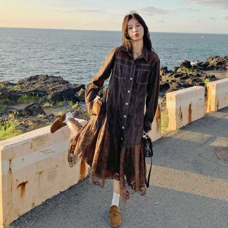 轻法式时尚复古拼接学院风连衣裙女秋季2025新款小个子牛仔衬衫裙|undefined