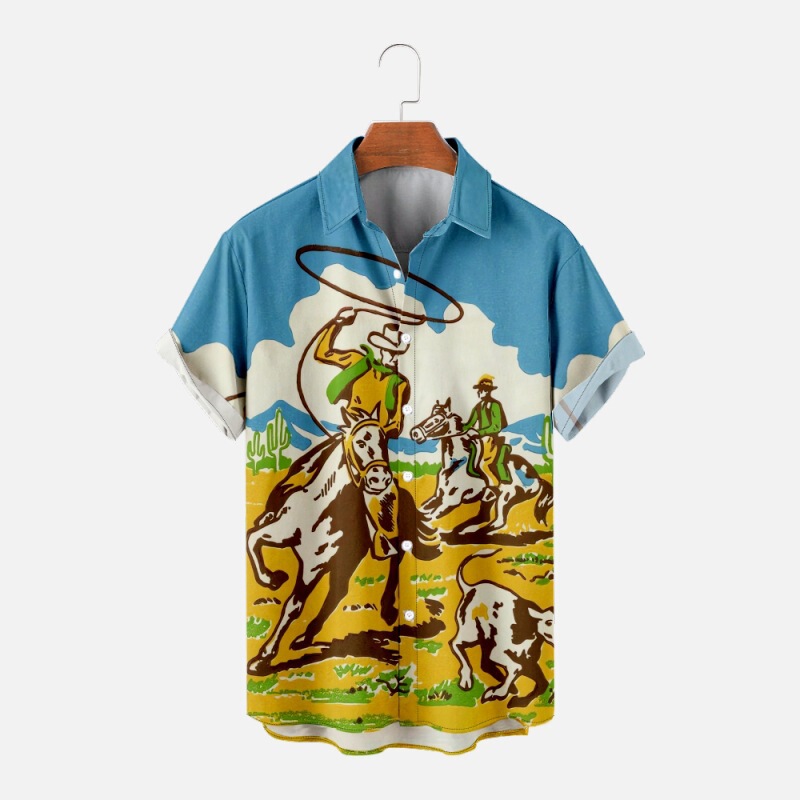 Independent Station New Summer Weiyi Vintage Wrangler Pattern Printed Trendy Loose Short-sleeved Shirt Men's Top