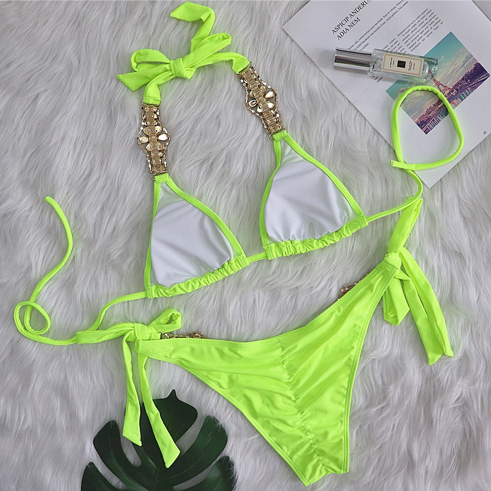 Crystal Diamond Split Lace-Up Metal Accessories Bikini 2 Piece Set NSKLL102794