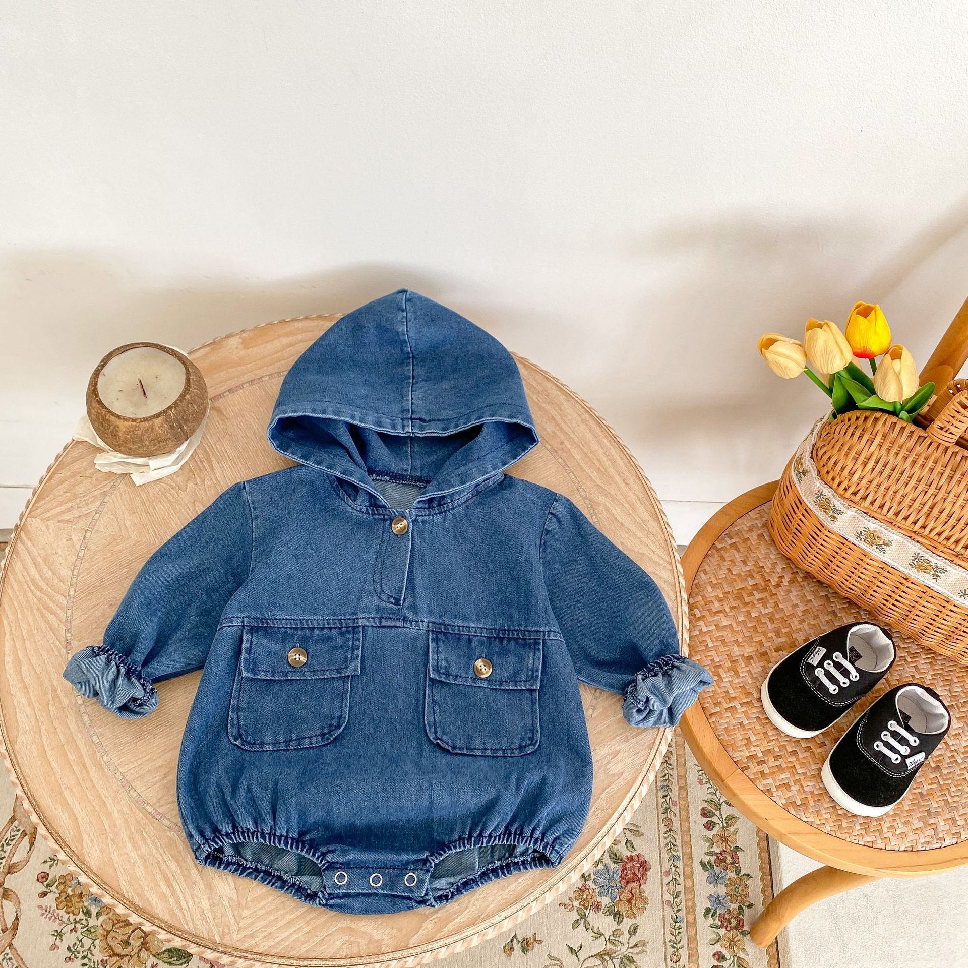 Ins 2024 autumn clothing for infants, young children, boys girls, denim style, hooded, double pocket, long sleeved,_voghion.com