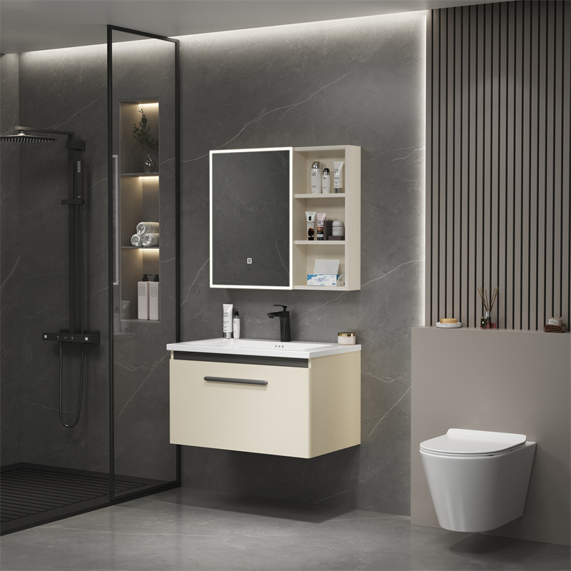 Moderno simple estilo crema de acero inoxidable inteligente espejo de maquillaje gabinete de cerámica integrado lavabo de baño gabinete de lavado de baño