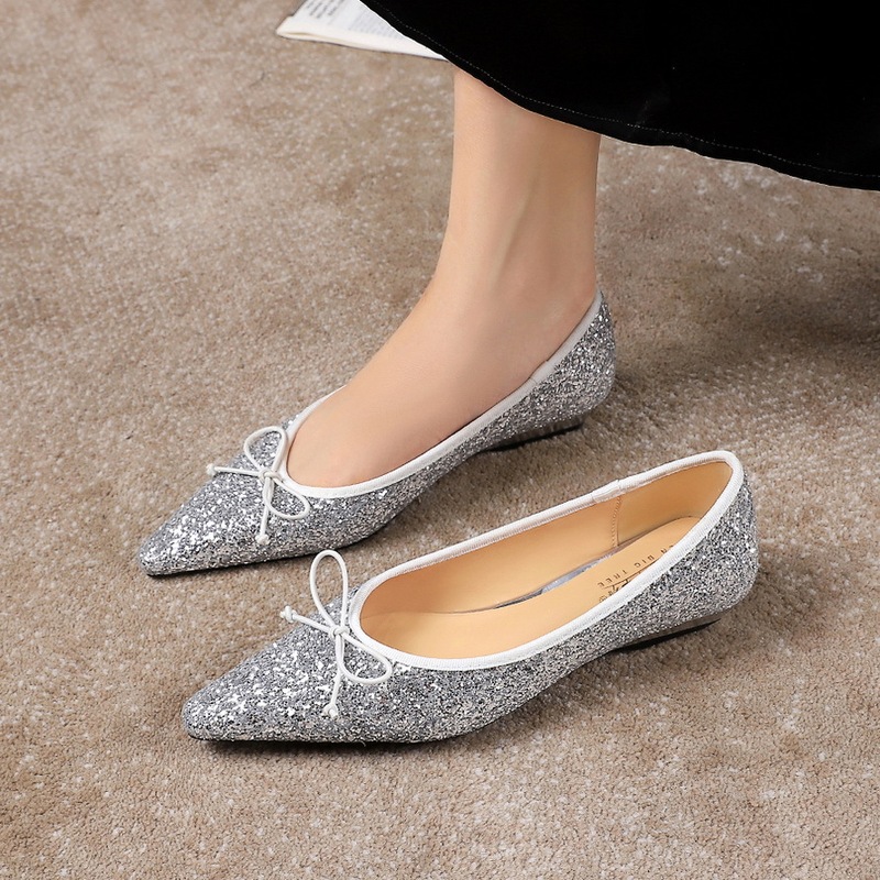 6383-21 French Banquet Pointed Toe Bow Low Heel Pumps Elegant Sequined Slip-On Wedge Women's Shoes