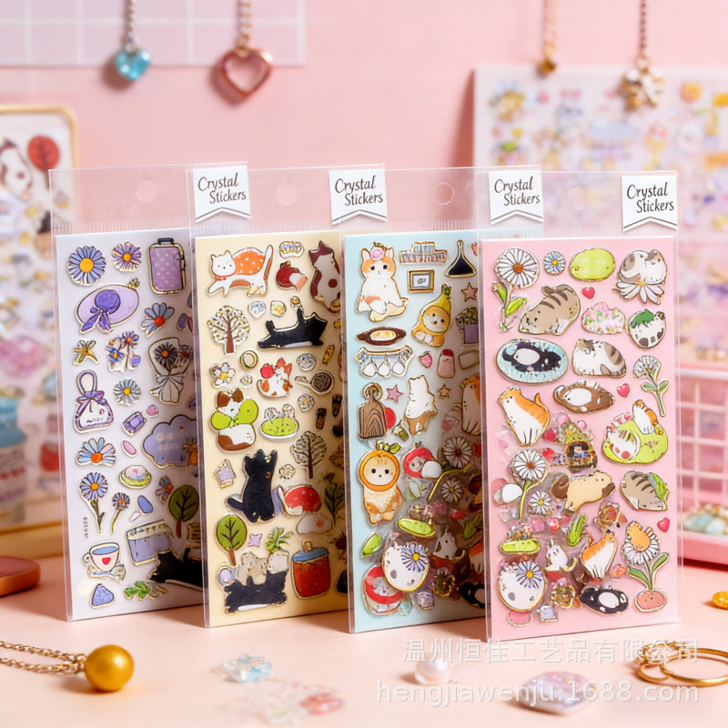 Cute Cat Daisy Epoxy Stickers 3D Crystal Transparent Journal Decoration Stickers Cute Cartoon Animals DIY