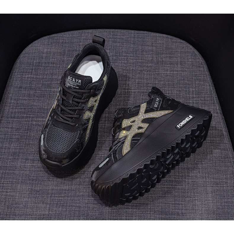 Giày sneaker nữ đế dày phong cách retro dành cho người dáng nhỏ, giày dad hot trend thu 2026, tăng chiều cao — M2933-1 màu xám đính kim cương, M2933 màu đen, M2933 màu nâu, M2933-1 màu đen đính kim cương chi tiết 20