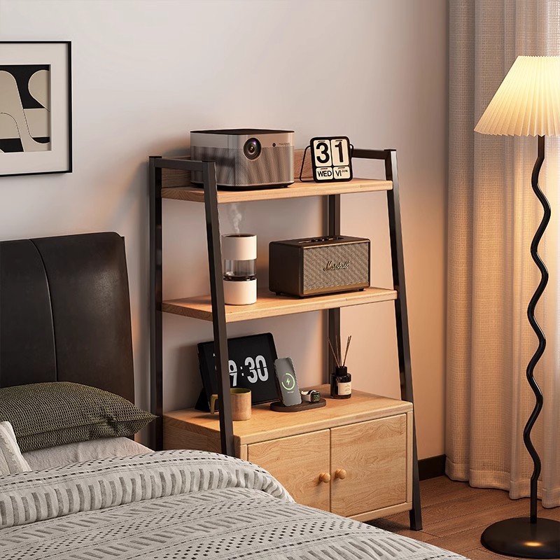 Estante trapezoidal de piso a techo con puerta de gabinete, dormitorio de madera maciza, esquina de la cabecera de la cama, estante de exhibición de la sala de estar, pequeño armario de almacenamiento