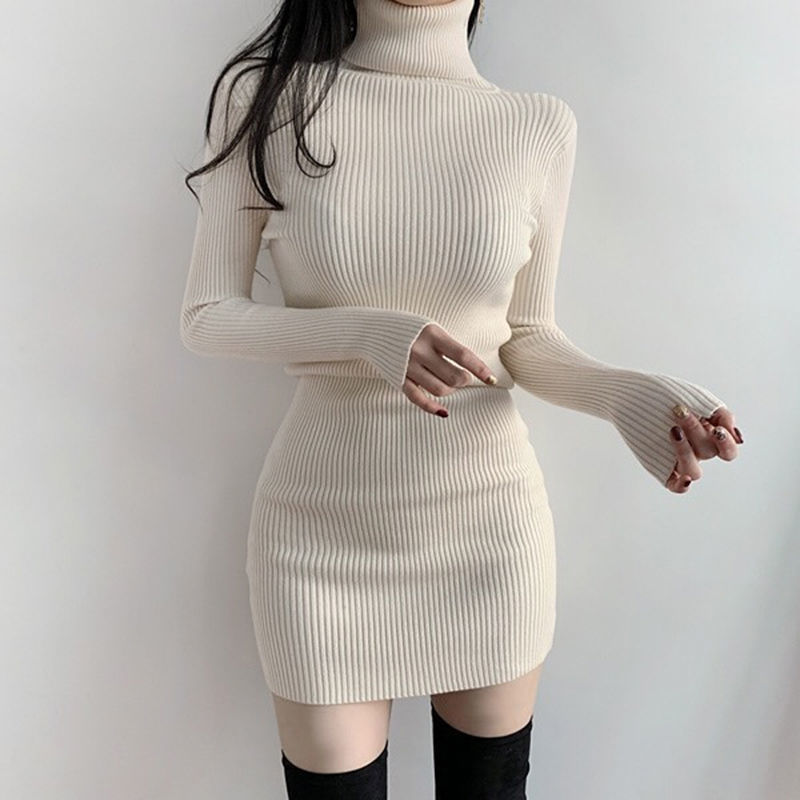 Korean style elegant turtleneck knitted dress women's slim bottoming short hip skirt 2022 new autumn slimming Korean style elegant turtleneck knitted dress women's slim bottoming short hip skirt 2022 new autumn slimming