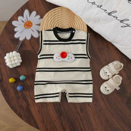 韩版夏季男女宝宝休闲爬服夏天婴儿薄款条纹猫咪背心连体衣包屁哈