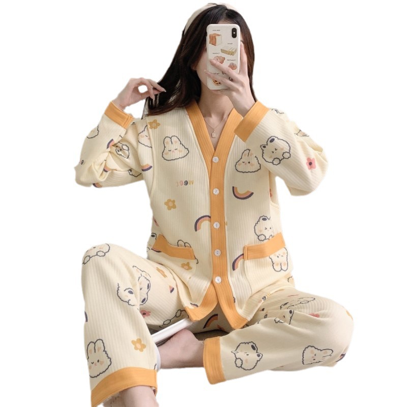 Pijamas Otoño e Invierno naranja v-cuello de algodón sándwich confinamiento ropa transpirable maternidad enfermería postparto homewear traje