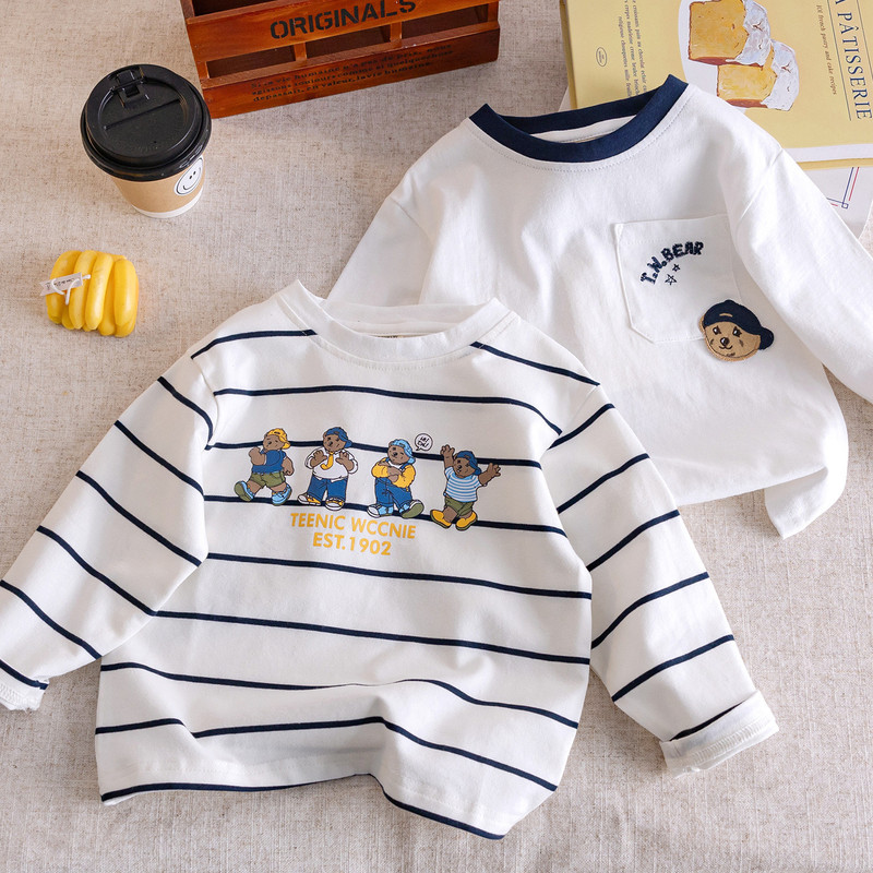Children's Long-Sleeved T-Shirt 2026 Spring and Autumn New Style Boys' Striped Top Cartoon Bear Baby Cartoon Base Shirt Trendy Children's Long-Sleeved T-Shirt 2026 Spring and Autumn New Style Boys' Striped Top Cartoon Bear Baby Cartoon Base Shirt Trendy
