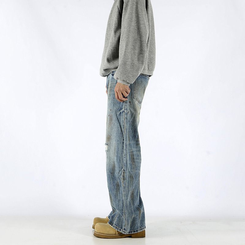 Retro americano cleanfit sickle jeans tendencia suelta recto agujero vibe cimeta pantalones sucios