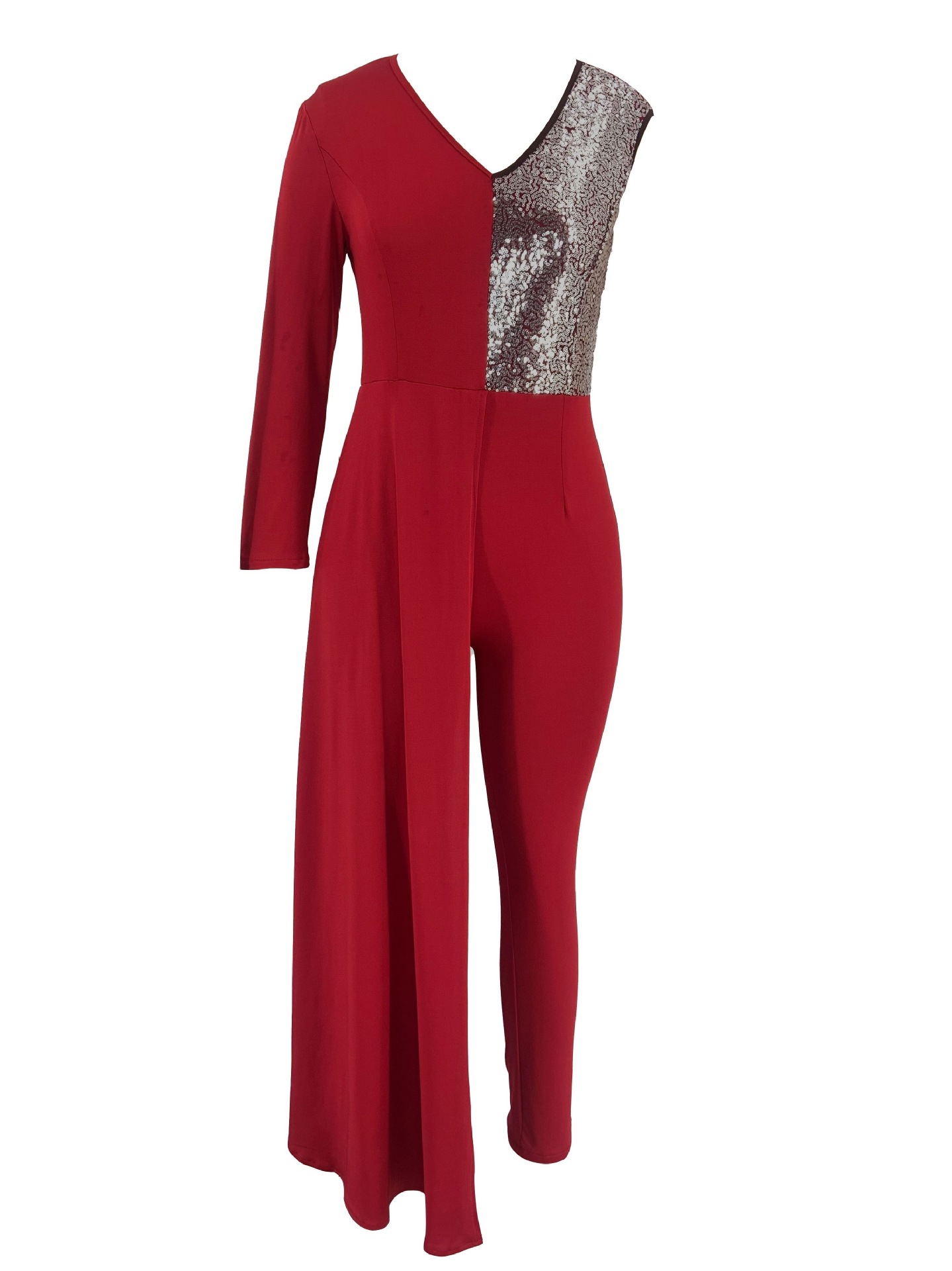 Cross-border Mujeres de Europa y América del mono de moda sexy V-cuello de lentejuelas costura delgado de un solo hombro fiesta noche mono