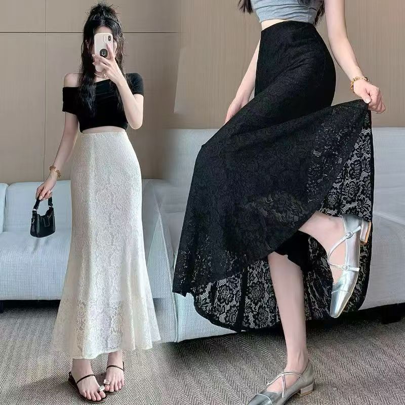 White Lace Fishtail Skirt for Women Summer Large Size Cut Out High Waist A-Line Ladylike Style Hip-Hugging Skirt