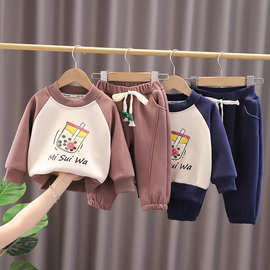 跨境童装秋冬季新款男童婴幼儿宝宝童套装加绒卫衣长袖套装两件套