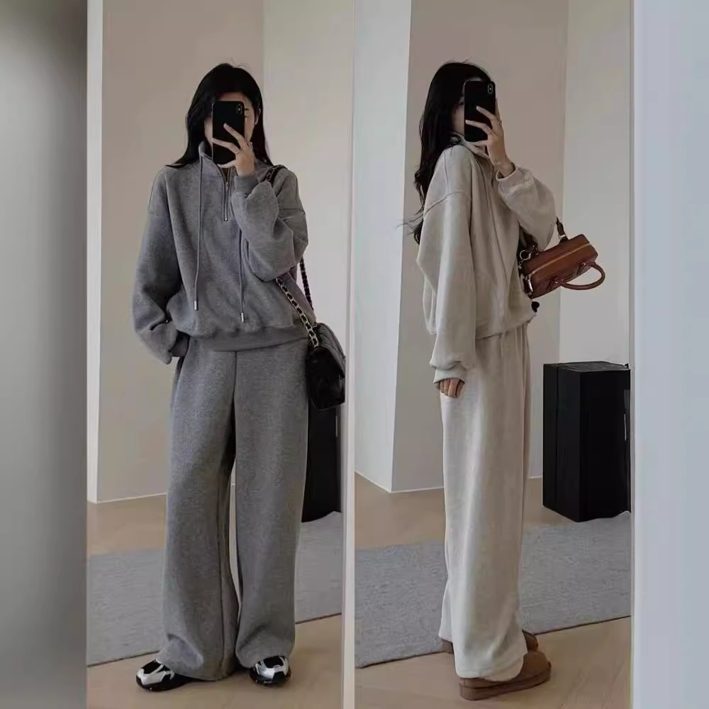 Tuta sportiva casual in cashmere ActiveGo Lazy Style per donna, felpa con collo alto e gamba larga, foderata in pile, calda per autunno e inverno_voghion.com