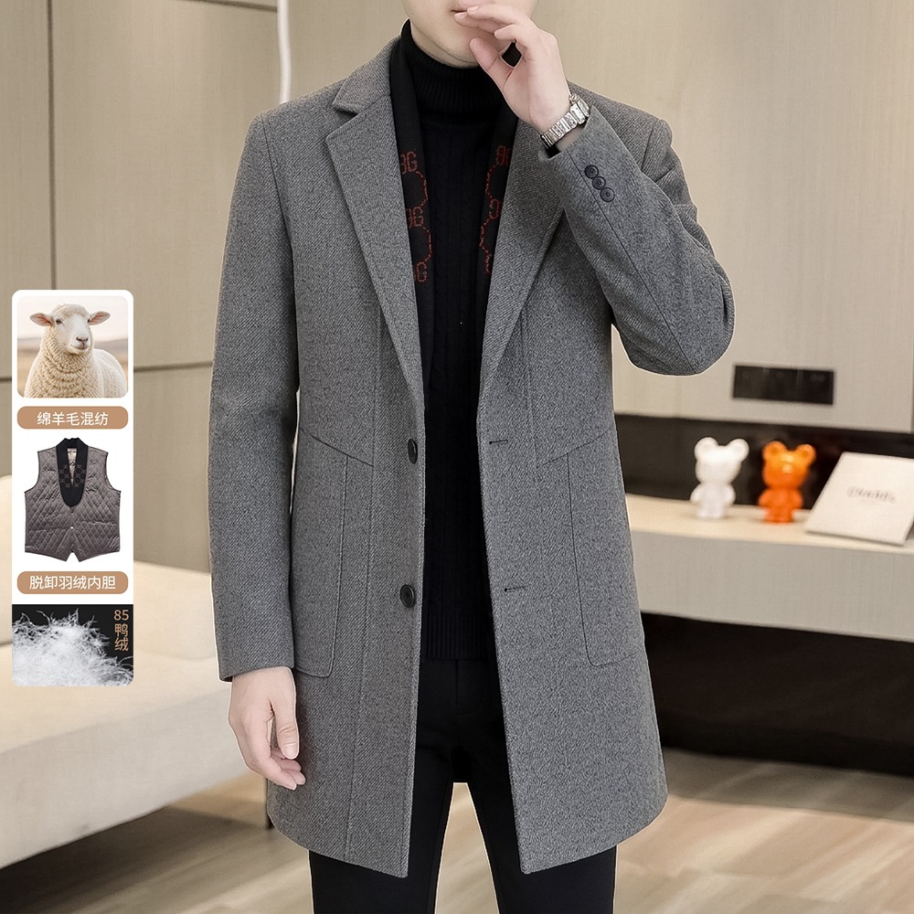 Double-faced wool coat, men's mid-length, detachable down lining, casual wool trench coat.