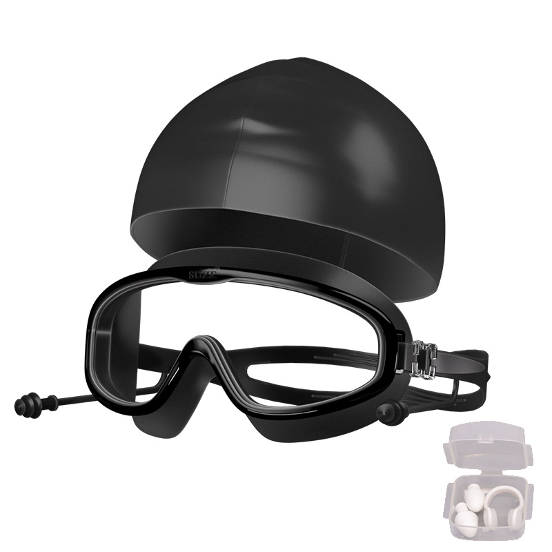 5~16세 어린이 모델 - 검정색 투명 수영 고글 + 검정색 수영 모자 + 가방 + 귀마개 및 코 클립 세트