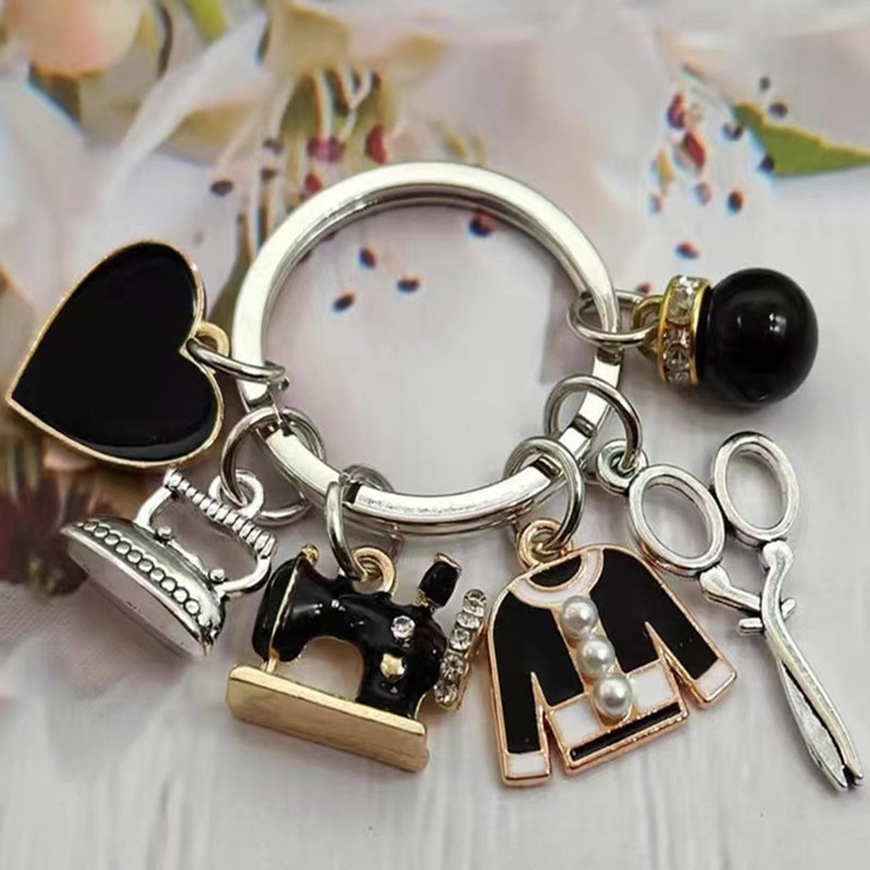 Sewing Machine Pendant Clothes Scissors Iron Heart Beads Clothing Designer Keychain Tailor Career Commemoration