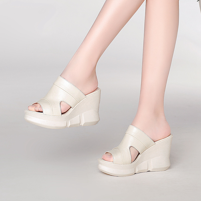 Sandal nữ da bò mũi cá gót xuồng cao đế dày phong cách mới xuân hè — Màu đen