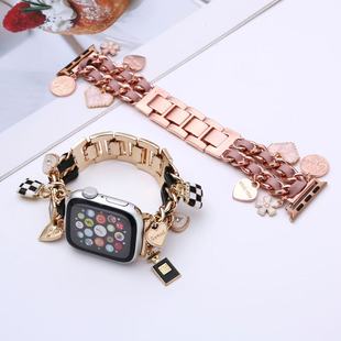 Suitable for Apple Iwatch10Se9876 Metal Double Row Chain Leather Creative Pendant Small Fragrance Watch Strap
