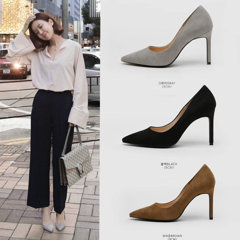 Женские туфли на высоком каблуке на шпильке, весна-осень 2021, новые туфли в корейском стиле с острым носком, универсальные черные замшевые профессиональные рабочие туфли для женщин