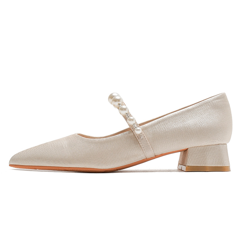Scarpe Mary Jane con perle francesi Primavera Nicchia a punta Scarpe singole in pelle di pecora Colore della pelle da donna Tacchi spessi Fondo piatto Scarpe da damigella d'onore_voghion.com