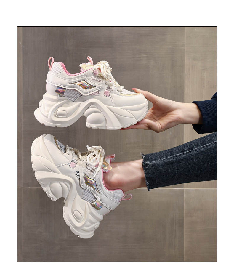 Giày sneaker nữ đế dày tăng chiều cao lưới thoáng khí — Màu vàng trắng chi tiết 15