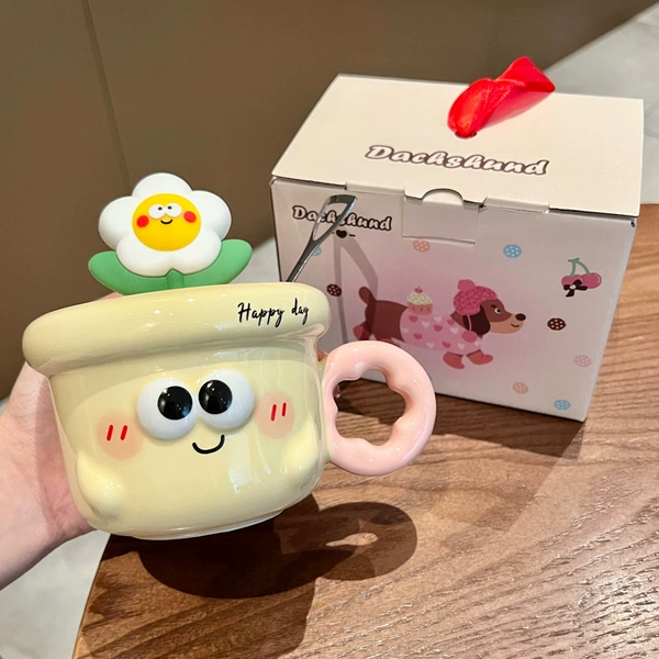 Expression flower cup-yellow (cup + lid + steel spoon + portable gift box)