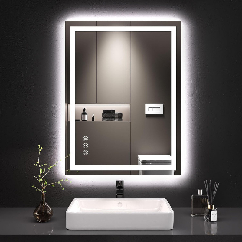 LED bathroom mirror with lights, anti-fog, dimmable backlight, front light, bathroom vanity mirror with memory function, tempered glass