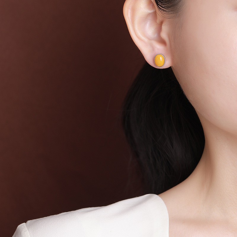 Bông tai hình bầu dục bạc S925 đính sáp ong phong cách dân tộc — Một cặp